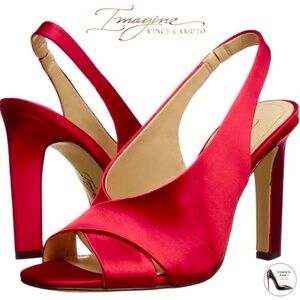 Imagine Vince Camuto WRENNIE Red Satin Stiletto Heel Pump Open Toe Heeled Shoes